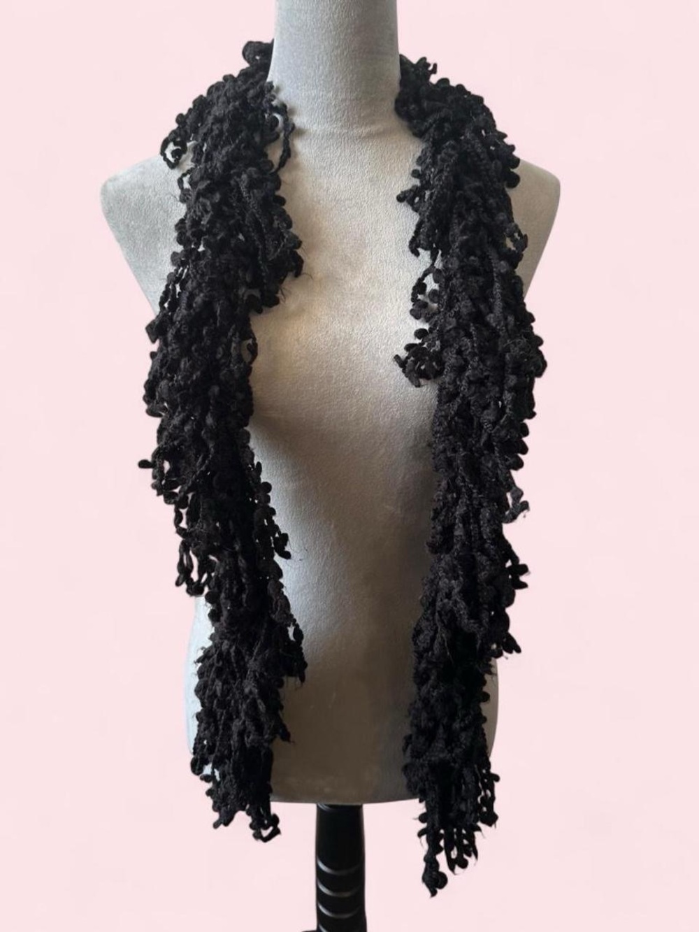 Black Loopy Knit Fringe Scarf Skinny Shaggy Texture Bohemian Y2K Wrap
